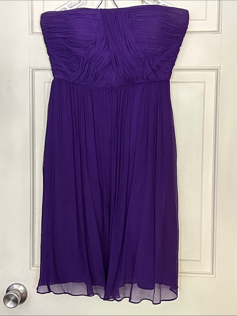 Donna Morgan Strapless Purple Chiffon Midi Dress